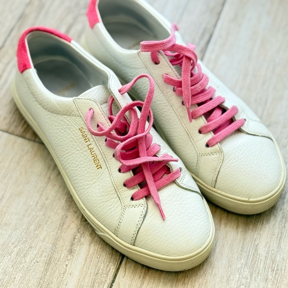 Saint Laurent White Leather Low-Top Sneakers with Pink Accents